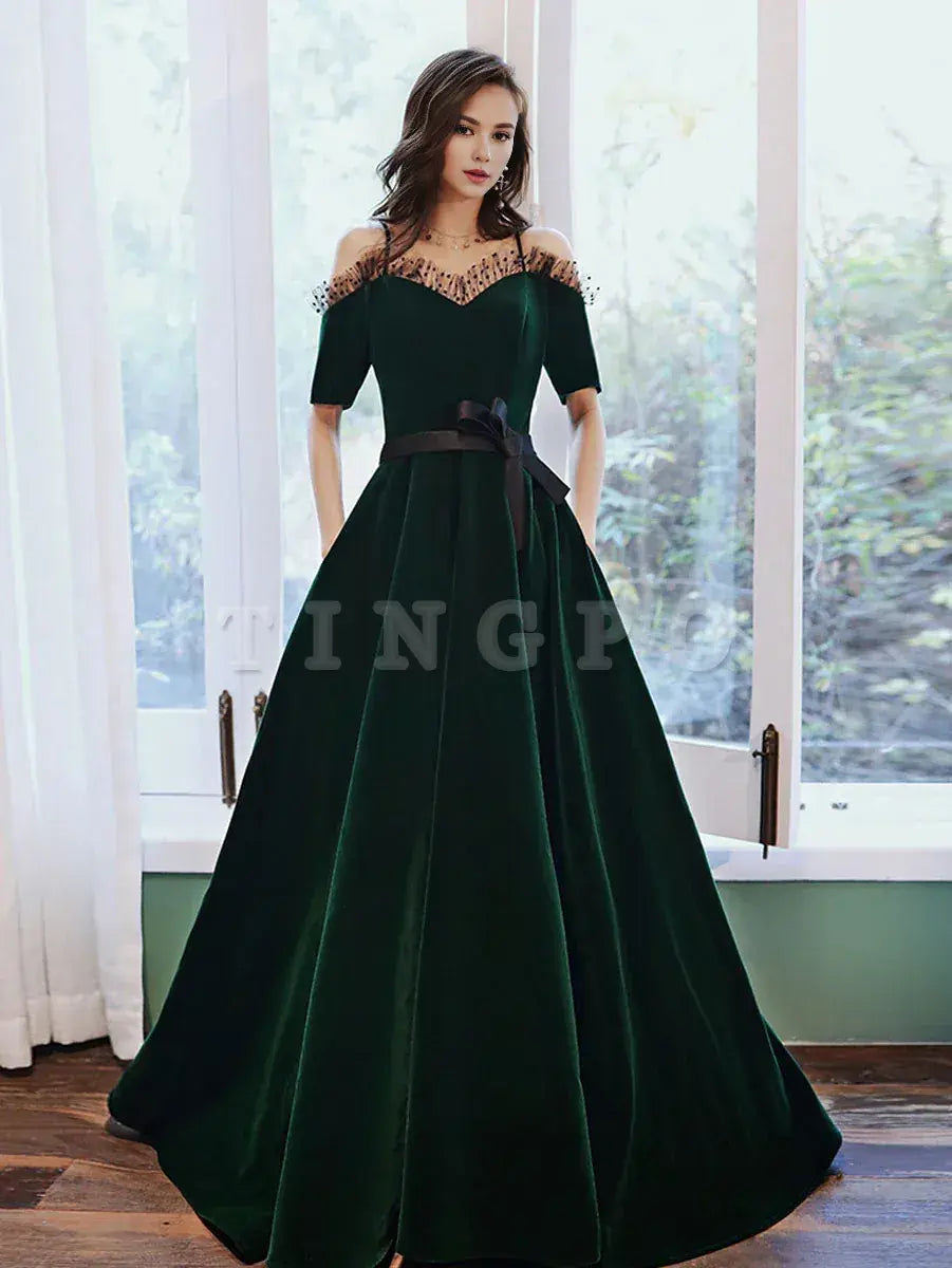 Wholesale Green A line velvet long prom dress green evening dress gowns evening dresses